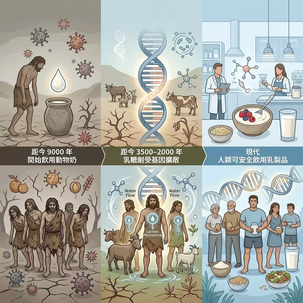 人類乳製品演化時間軸資訊圖，呈現從距今 9000 年開始飲用動物奶、距今 3500–2000 年乳糖耐受基因擴散，到現代安全飲用乳製品的歷程。圖中抽象表現飢荒、疾病、脫水與少數基因變異者的生存優勢，科學教育風格，清晰易讀。