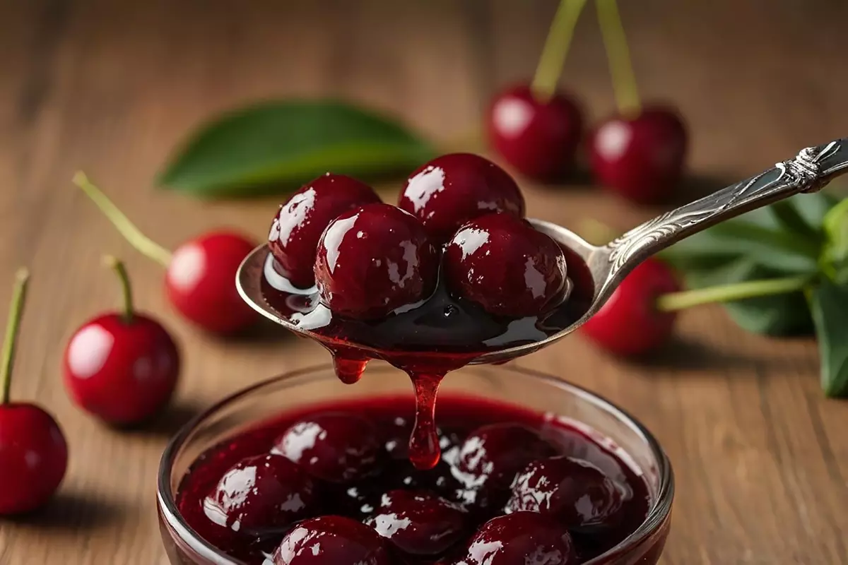 微距攝影捕捉Morello紅櫻桃果醬，光澤果醬含果塊置於銀匙上，電影級燈光營造奢華質感。新鮮果肉與濃稠膠質細膩展現，強化手工保存風味。