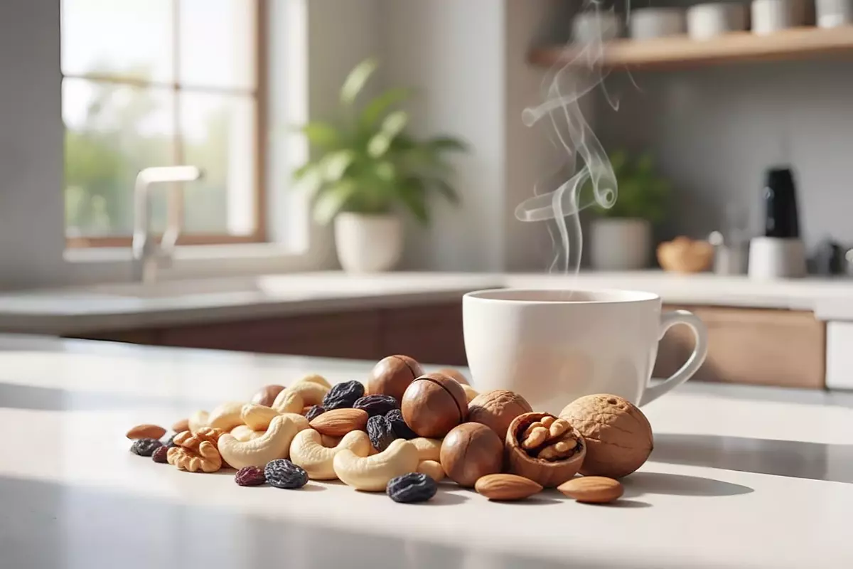 近距離捕捉美澳進口腰果、杏仁、核桃、紫葡萄乾與夏威夷豆細緻質地，按黃金比例搭配熱茶一杯，全方位營養能量平衡生活感寫真。