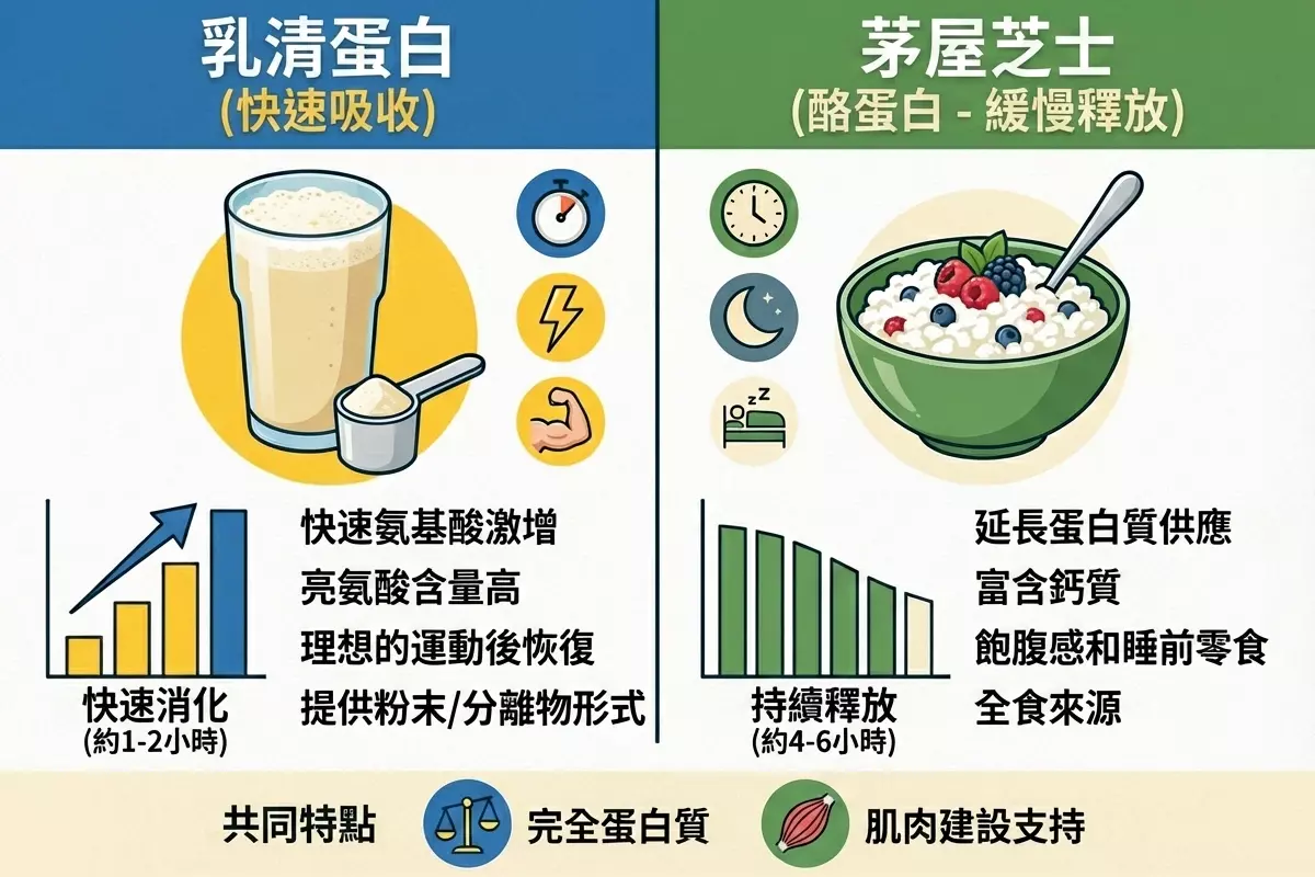 乳清蛋白與茅屋芝士中的酪蛋白比較，呈現快速吸收與慢速釋放蛋白質在運動恢復與睡眠營養上的差異