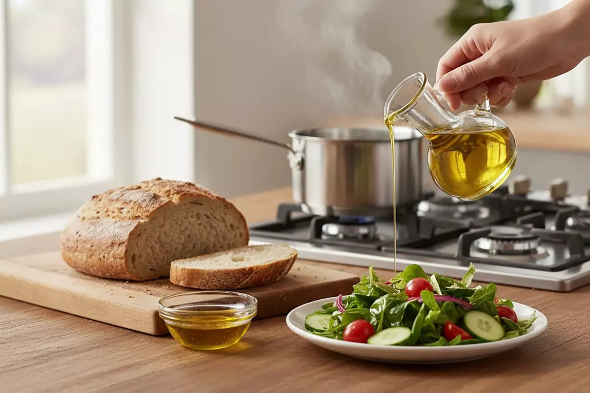 高品質橄欖油料理微距攝影：前景沙拉淋油，中景麵包沾油，背景溫熱醬汁烹調，展現多功能料理用途與天然純淨品質。
