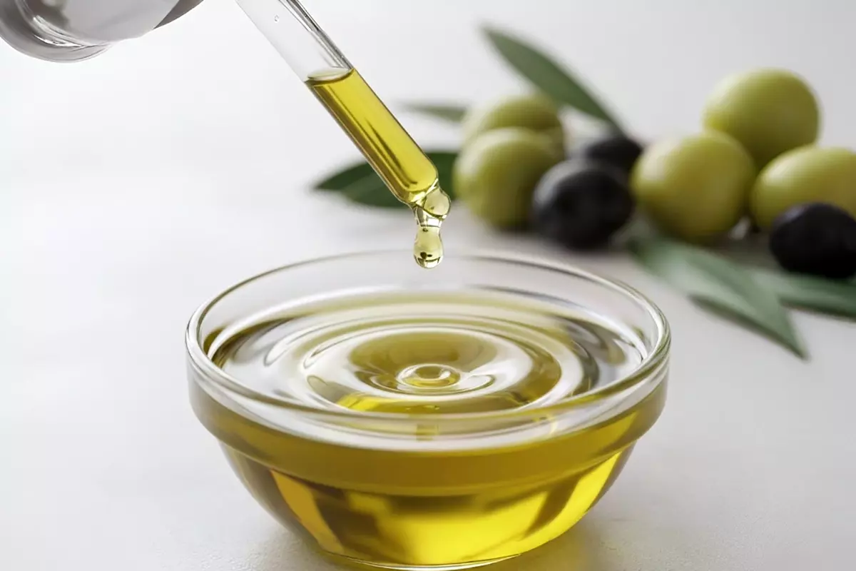 高品質橄欖油滴入透明玻璃碗的微距攝影，呈現天然純淨與營養價值。