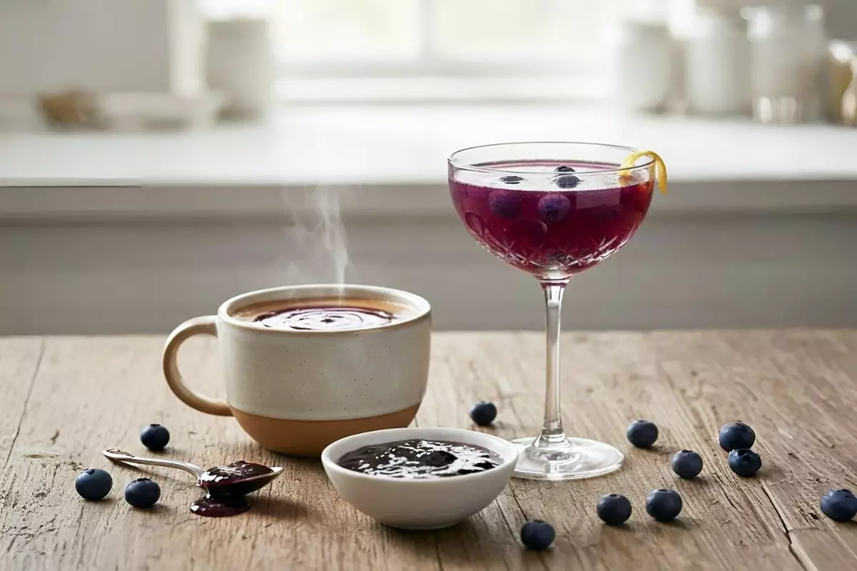 高級編輯美食攝影：溫暖咖啡杯與優雅雞尾酒搭配，旁置深紫莓果果醬小碗，果醬漩渦融入飲品，柔和自然光線渲染奢華質感。