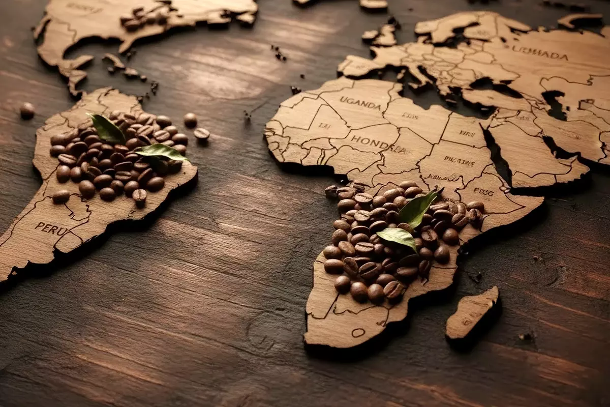 阿拉比卡與羅布斯塔咖啡原豆自然散落於木質雕刻世界地圖上，豆子分布於南美洲與非洲產區，強調烏干達、秘魯與宏都拉斯等多元咖啡來源，呈現專業且具原始產地感的權威氛圍。