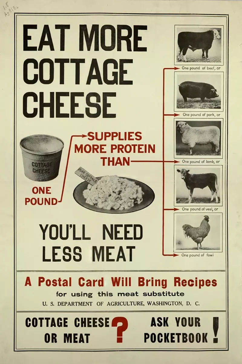 一張復古宣傳海報，上方寫著多吃茅屋起司，下方展示茅屋起司與牛、豬、羊、雞等肉類圖片比較，說明其蛋白質供應與減少肉類需求
