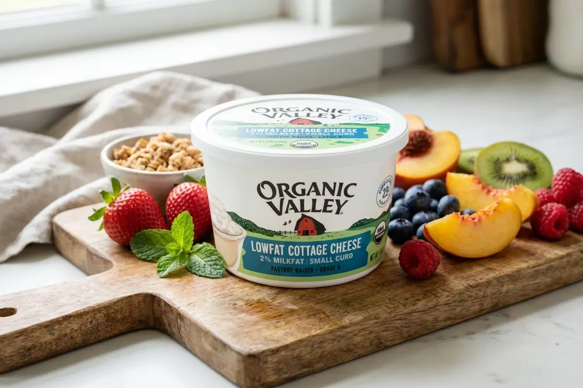 ORGANIC VALLEY 有機低脂茅屋起司搭配草莓、藍莓與桃子的健康早餐，展現高蛋白飲食概念。