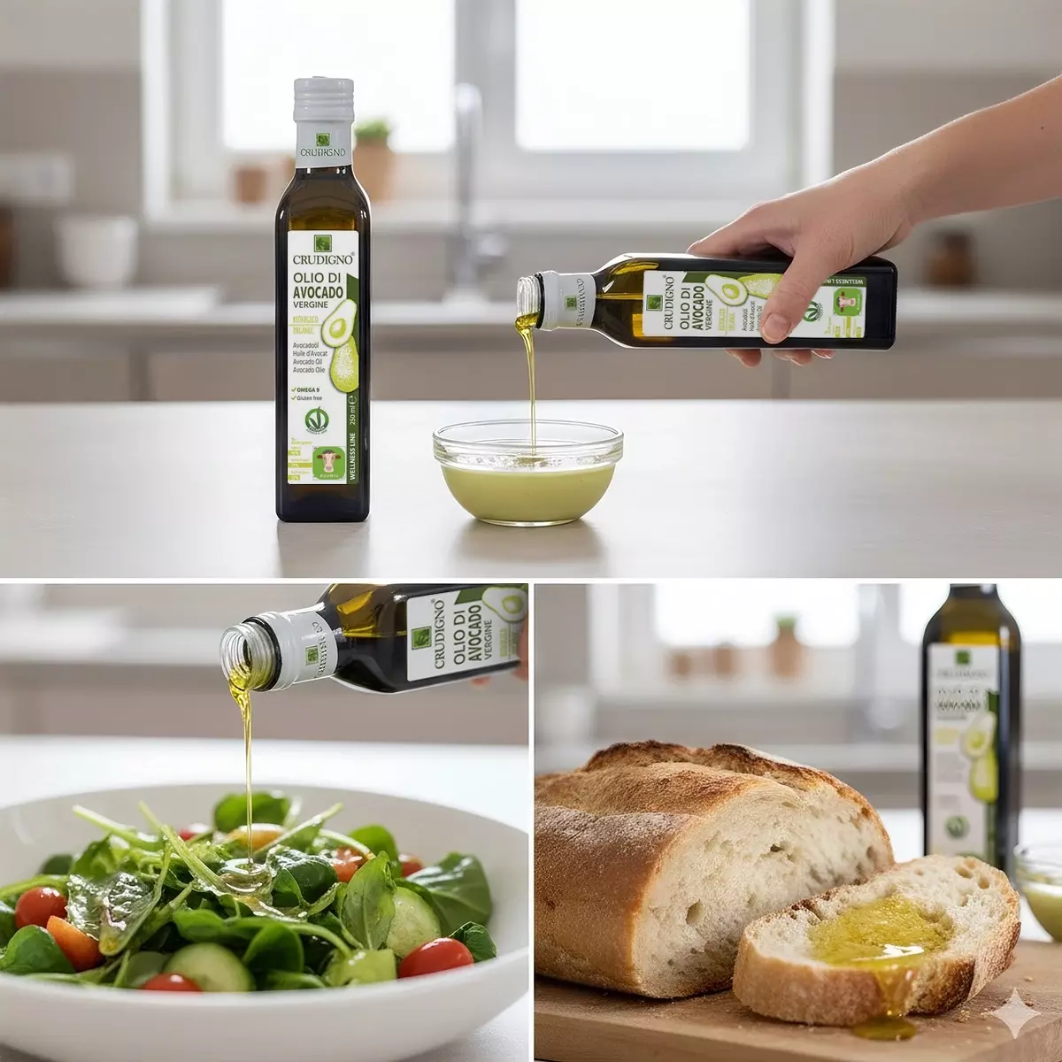 多場景拼接的寫實料理畫面，上方為酪梨油製作細緻醬汁，下方左側為酪梨油淋在新鮮沙拉上，右側為酪梨油滴灑於歐式麵包表面，並呈現 CRUDIGNO 酪梨油瓶，整體氛圍專業、清爽且具地中海健康料理質感。