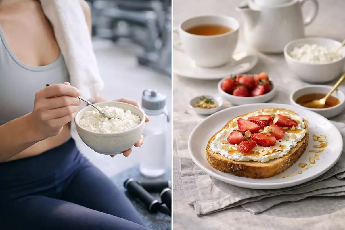 左右分割式生活情境畫面，左側呈現運動後以茅屋起司作為補充蛋白質的健康餐點情境；右側則為悠閒午後的奶油乳酪吐司搭配草莓與蜂蜜的下午茶時光。透過兩種不同日常場景，展現乳製品在運動營養與精緻午茶中的多元食用方式，整體以自然光營造專業且具有生活儀式感的氛圍。