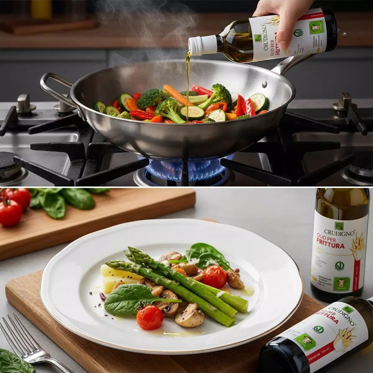 CRUDIGNO義大利煎炸專用油應用展示：上格高溫快炒脆亮蔬菜，下格精緻溫熱料理盤飾，展現高煙點穩定性與多用途料理效果。