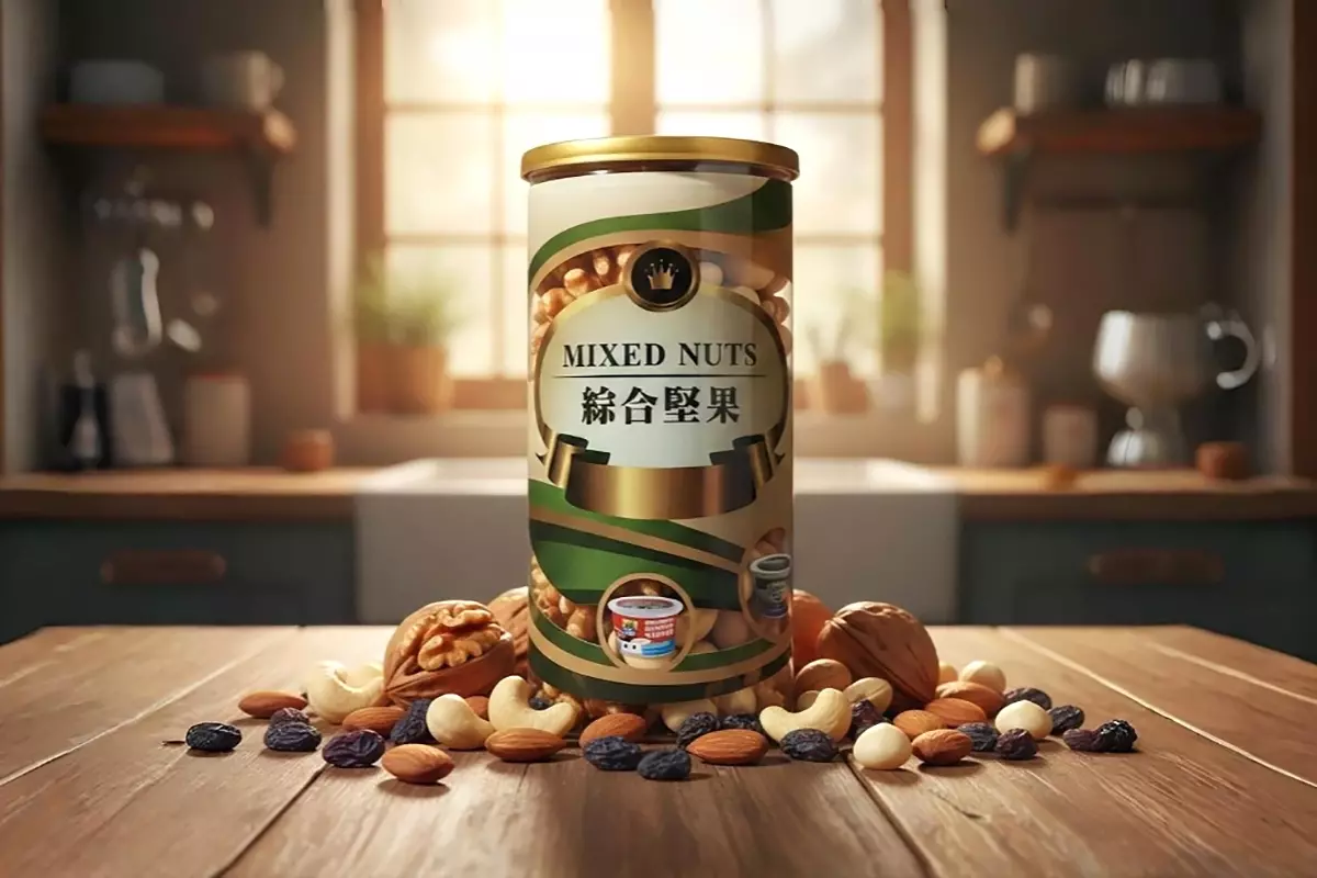 美澳進口頂級腰果、杏仁、核桃、紫葡萄乾與夏威夷豆散落原木桌面，中央置養生綜合堅果產品包裝，陽光灑落質感廚房背景，新鮮高質感寫真。