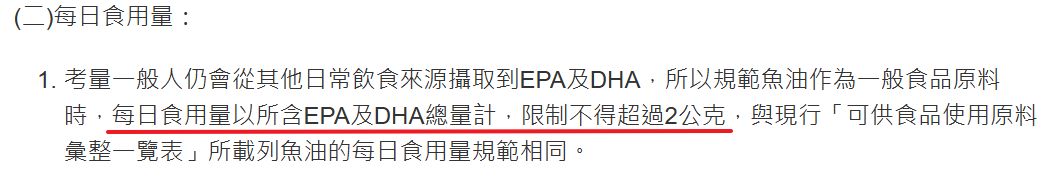 台灣衛生福利部對Omega-3有規定每日的攝取不超過 2000 毫克
