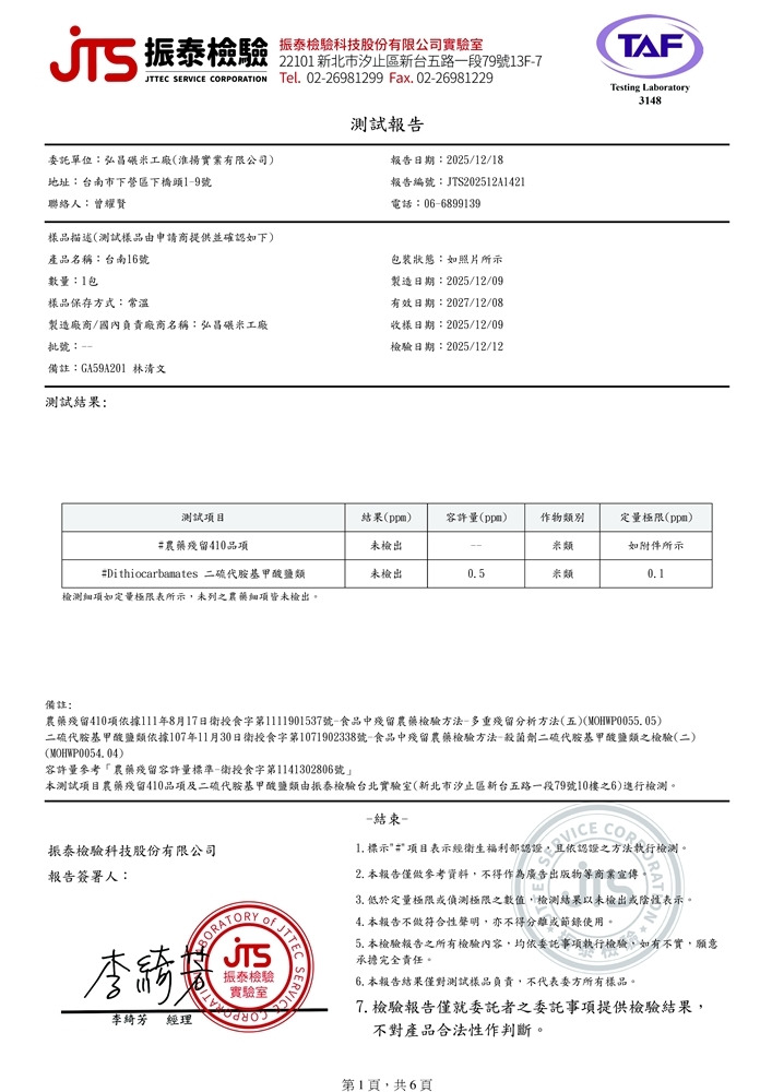 114-2台南16號農藥殘留檢測報告