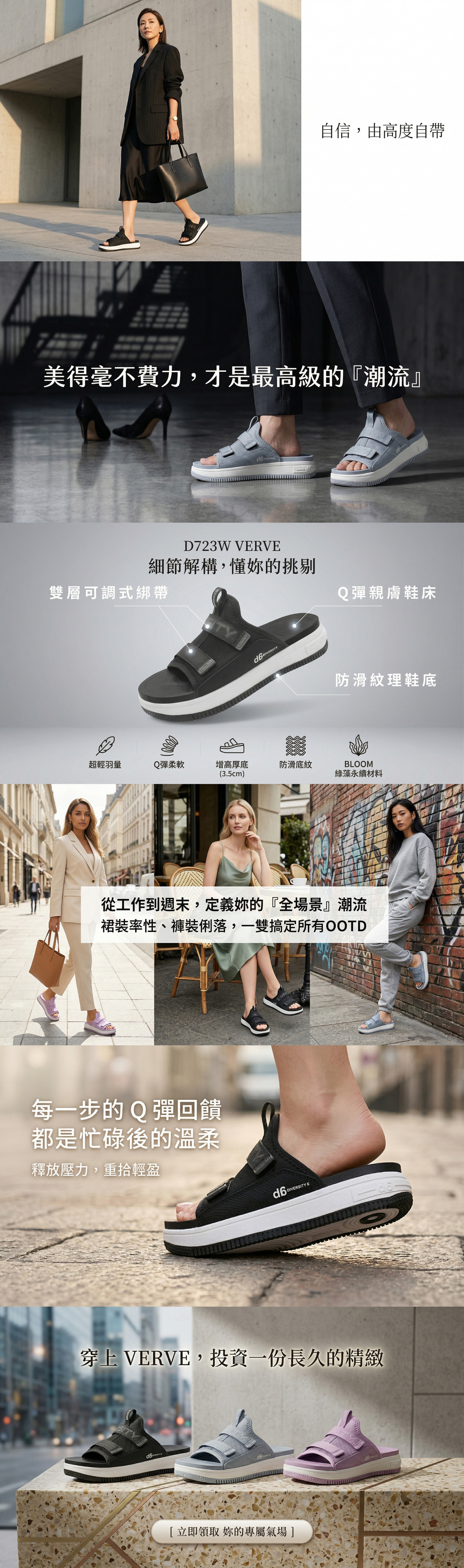 【d6】 D723W VERVE 全場景 Q 彈厚底機能涼拖鞋詳解圖，展示經典黑、高級灰、柔和紫三色實品與商務、休閒 OOTD 穿搭示範，並解析足弓支撐、可調式綁帶與止滑大底等極致舒適機能 ✨