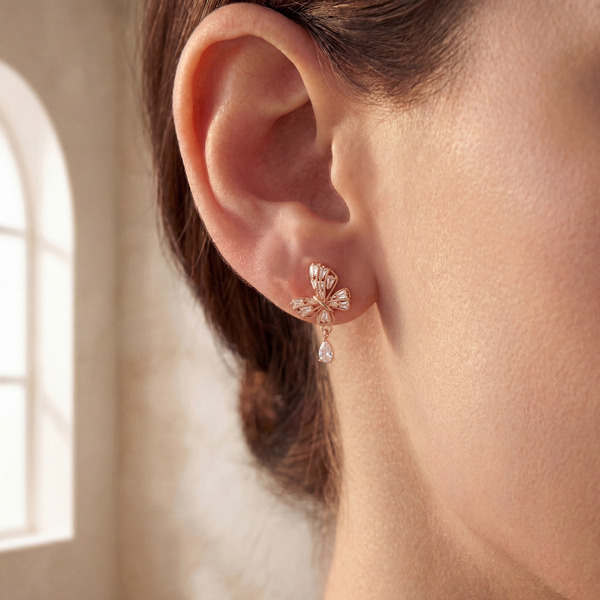 玫瑰金色鋯石純銀耳環-蝶語微光