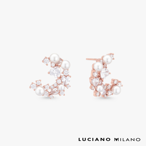 玫瑰金色鋯石貝珠純銀耳環-繁花微光