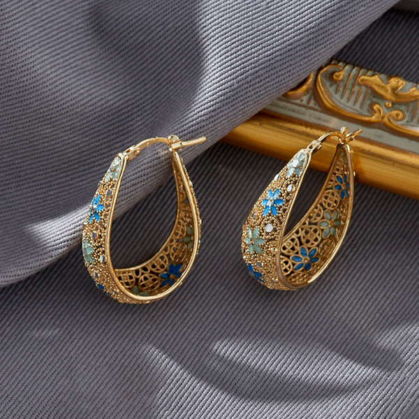 金色琺瑯純銀耳環-藍曜鏤光