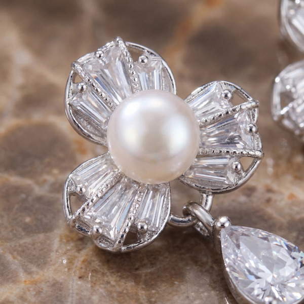 白K色鋯石珍珠純銀耳環-幸運花語