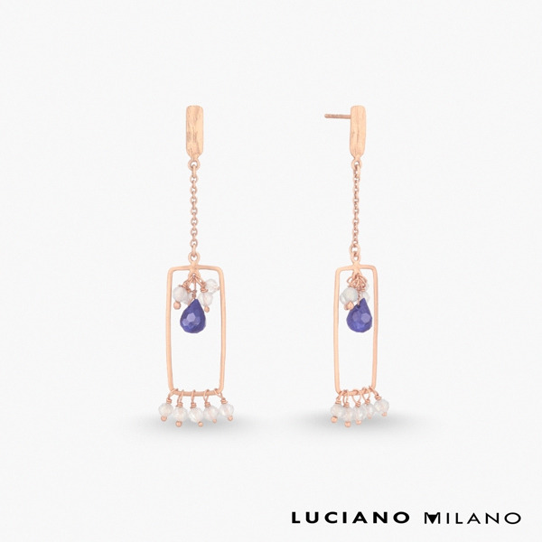 玫瑰金色拉長石藍寶石純銀耳環-浪漫細雨