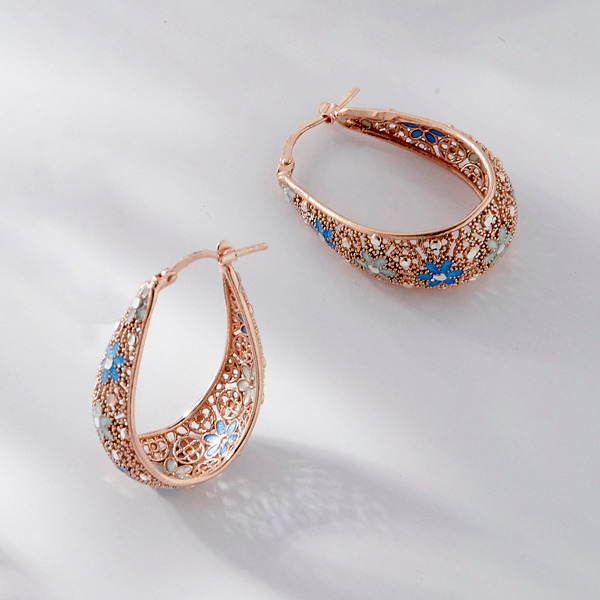 玫瑰金色琺瑯純銀耳環-藍曜鏤光