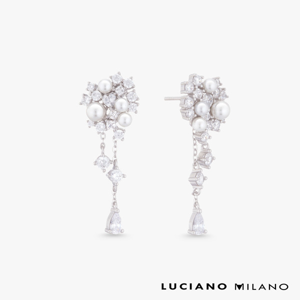 白K色鋯石貝珠純銀耳環-璨花垂影