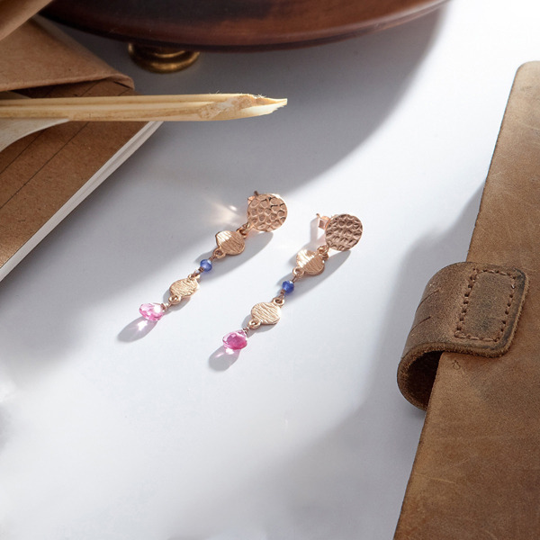 玫瑰金色坦桑石粉碧璽純銀耳環-瑤光