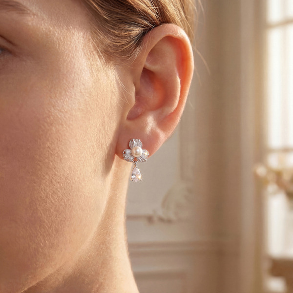 白K色鋯石珍珠純銀耳環-幸運花語