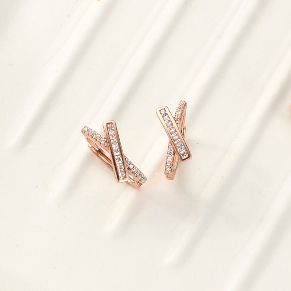 玫瑰金色鋯石純銀耳環-光序之線