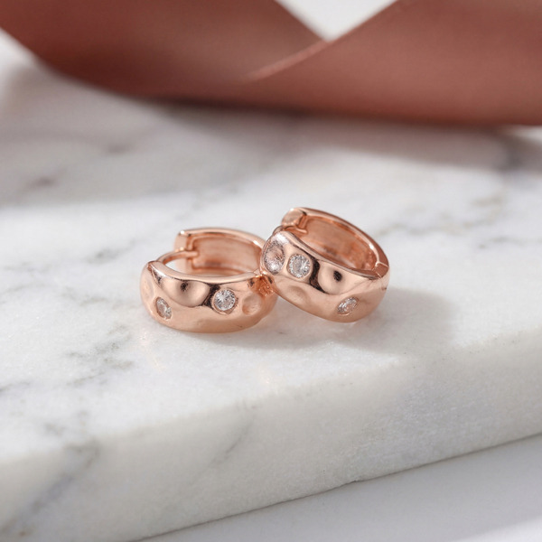 玫瑰金色鋯石純銀耳環-靜銀圓語