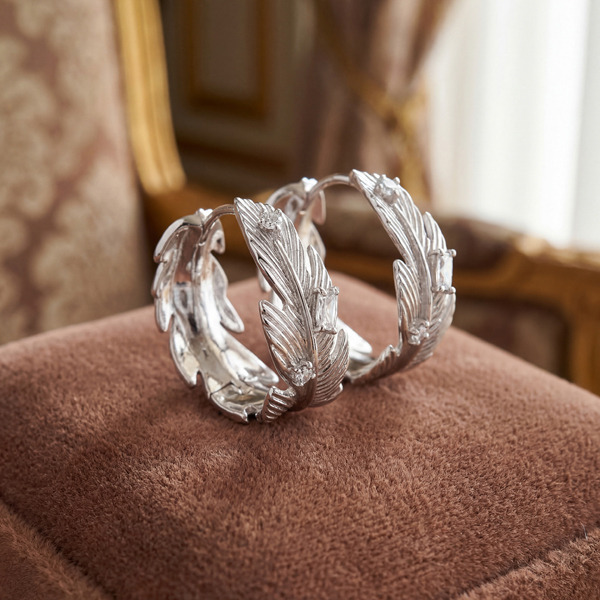 白K色鋯石純銀耳環-銀葉花冠