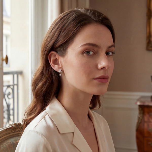 白K色鋯石珍珠純銀耳環-幸運花語