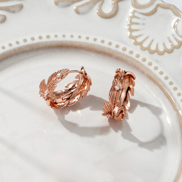 玫瑰金色鋯石純銀耳環-銀葉花冠