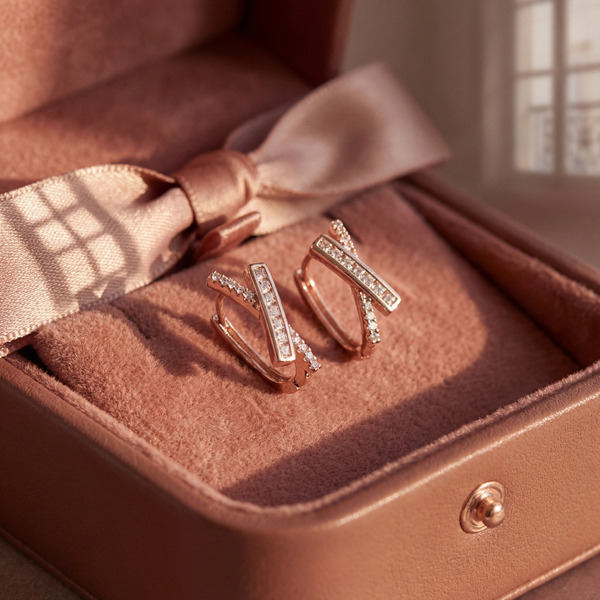 玫瑰金色鋯石純銀耳環-光序之線