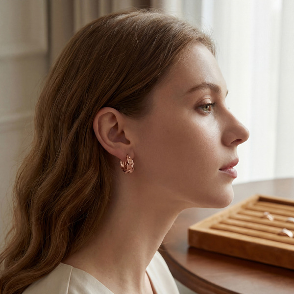 玫瑰金色鋯石純銀耳環-銀葉花冠