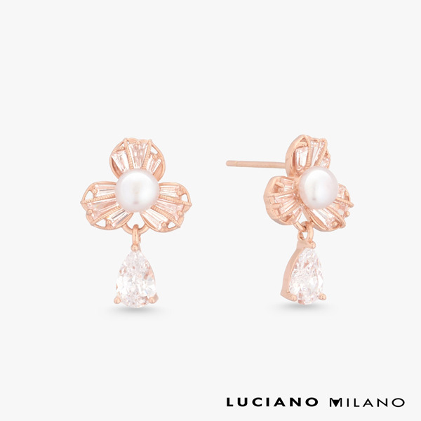 玫瑰金色鋯石珍珠純銀耳環-幸運花語