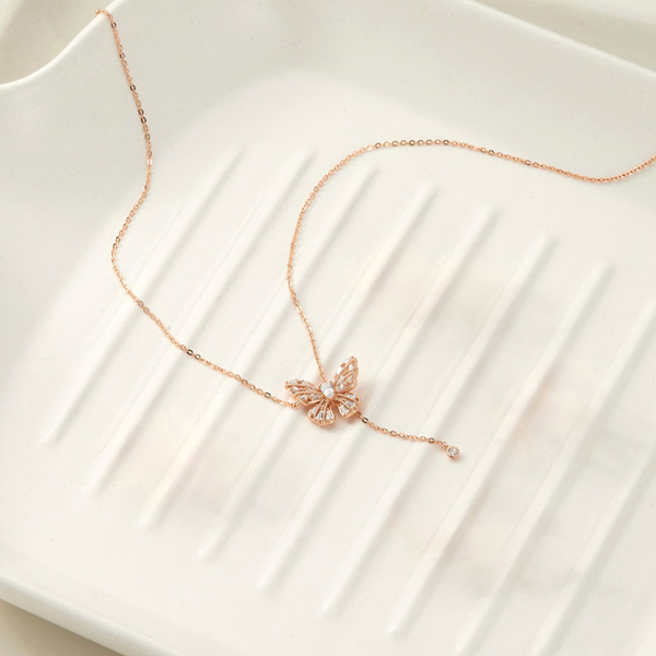 玫瑰金色鋯石純銀項鍊-蝶願垂光