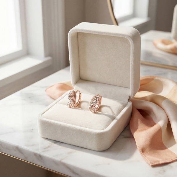 玫瑰金色鋯石純銀耳環-銀羽守光