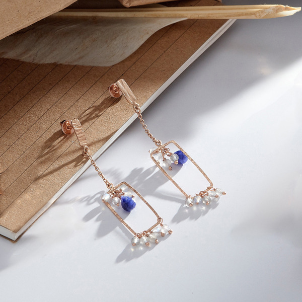 玫瑰金色拉長石藍寶石純銀耳環-浪漫細雨