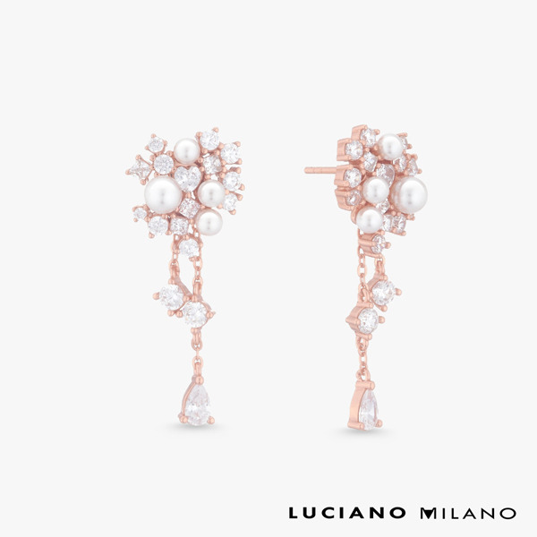 玫瑰金色鋯石貝珠純銀耳環-璨花垂影