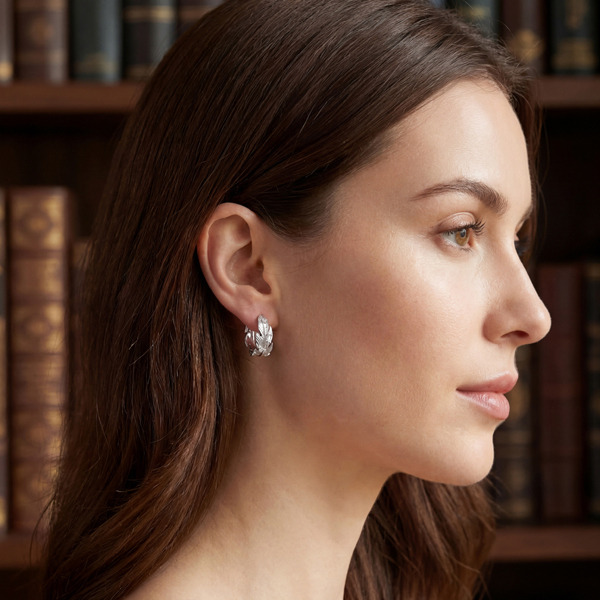 白K色鋯石純銀耳環-銀葉花冠