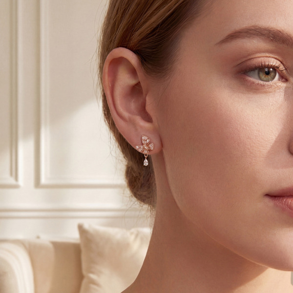 玫瑰金色鋯石純銀耳環-蝶語微光