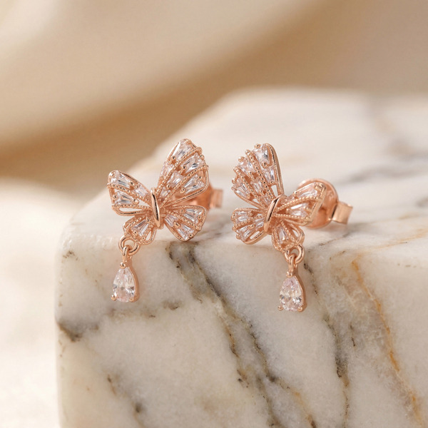 玫瑰金色鋯石純銀耳環-蝶語微光
