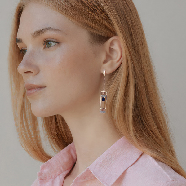 玫瑰金色拉長石藍寶石純銀耳環-浪漫細雨